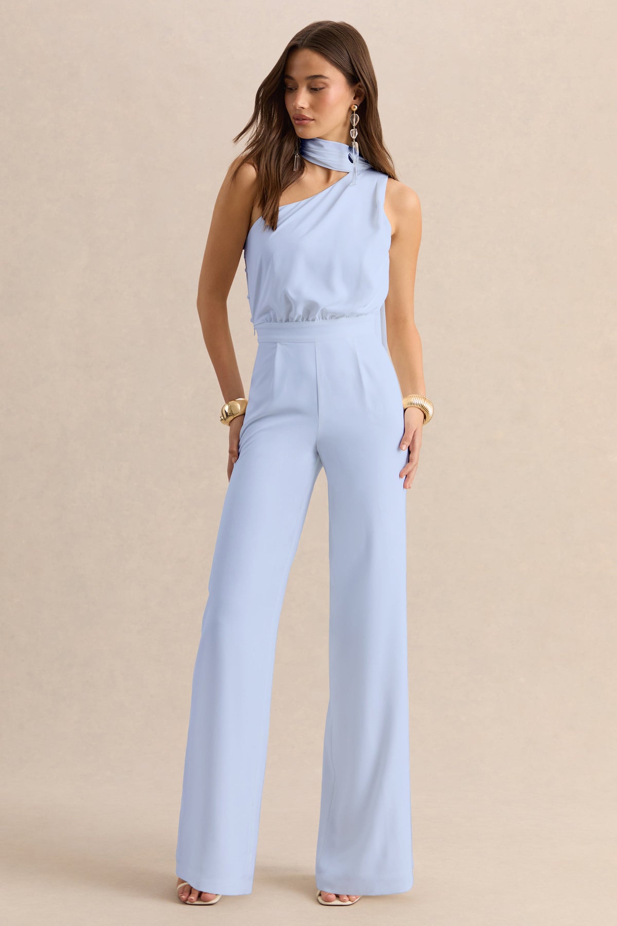 Gliselle | Powder Blue One Shoulder Jumpsuit With Scarf Detail