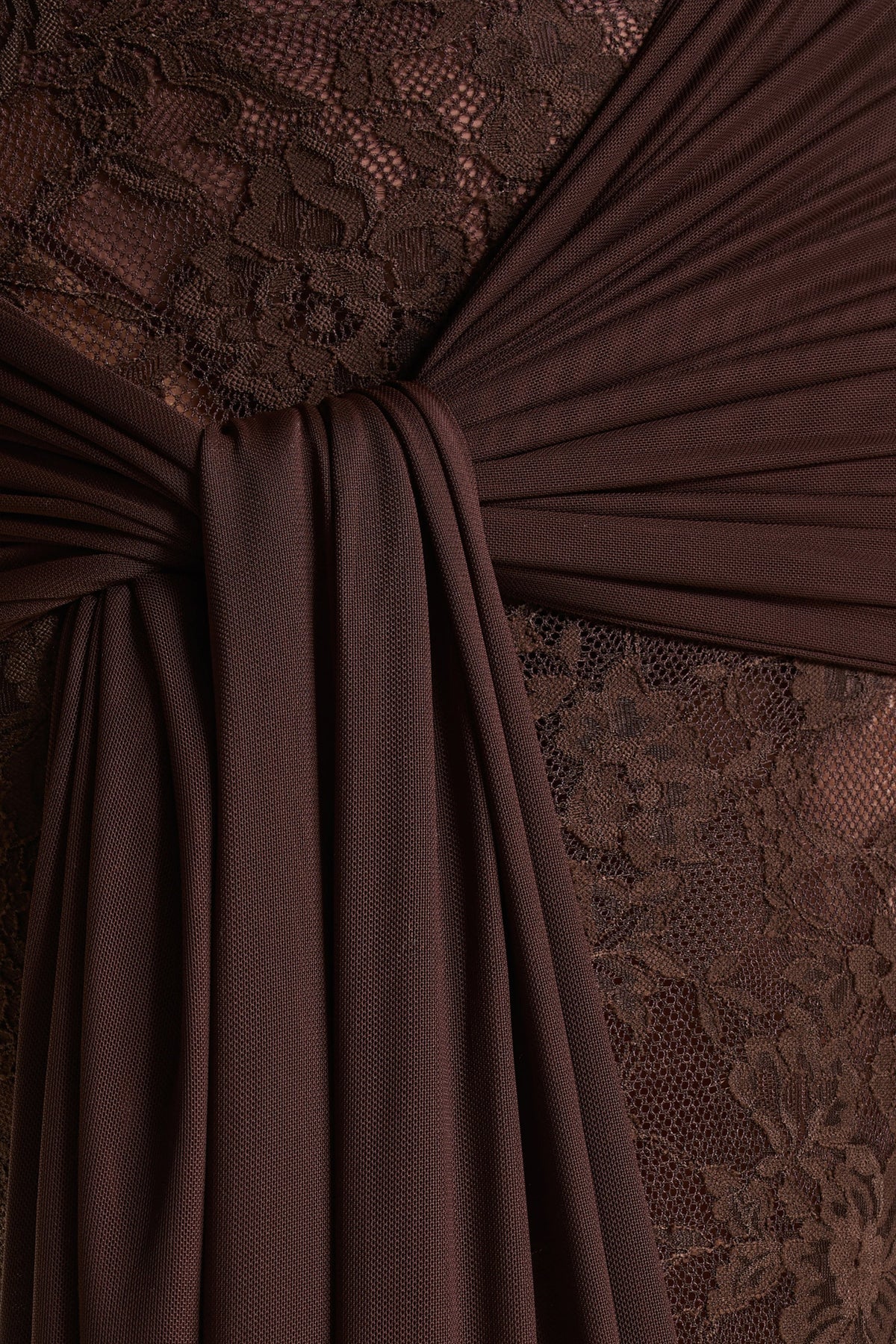 Akira | Brown Sheer Lace High Neck Long Sleeve Maxi Dress With Gathered Detailing And Sash