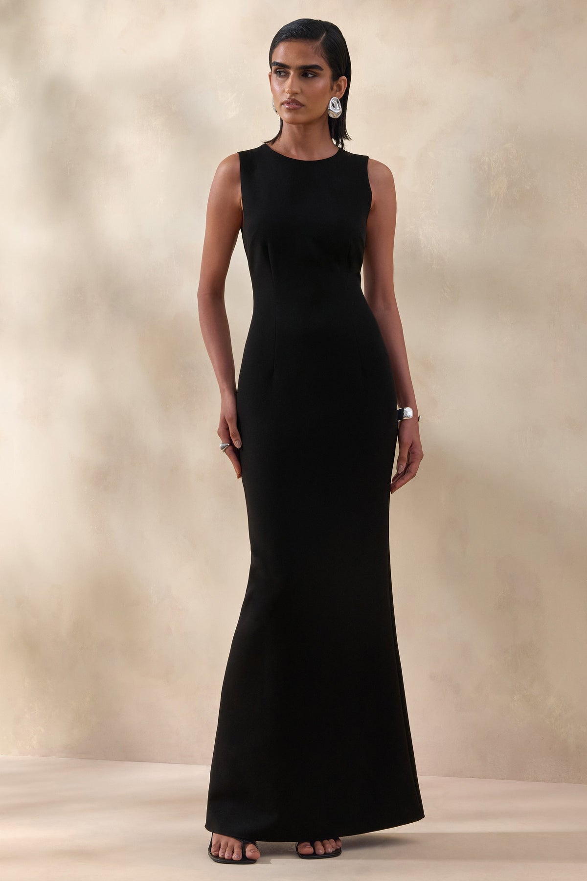 Astrelle | Black Round Neck Maxi Dress With Tailoring And Back Split