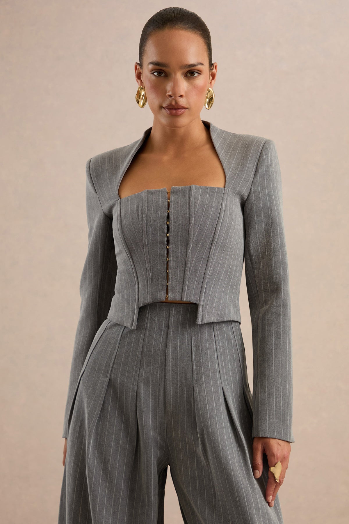Genara | Grey Pinstripe Square Neck Long Sleeve Tailored Top