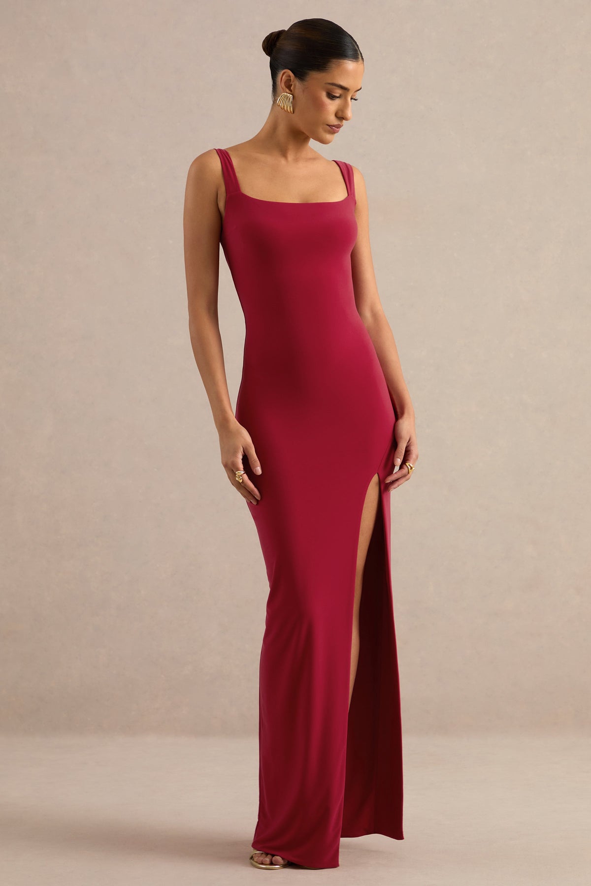 Josiane | Red Jersey Square Neck Maxi Dress With Low Tie Back And Split