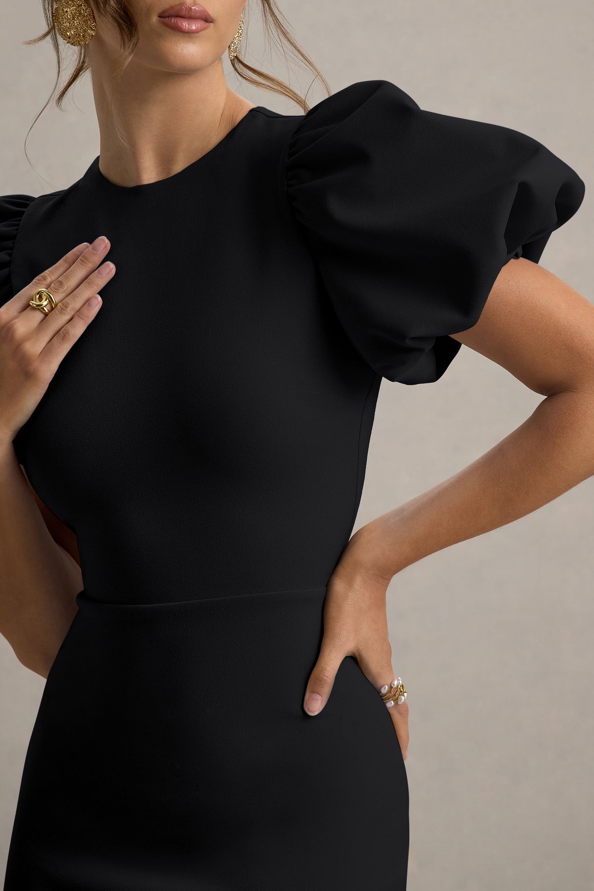 Dakota | Black Puff Sleeve Midi Dress With Back Split