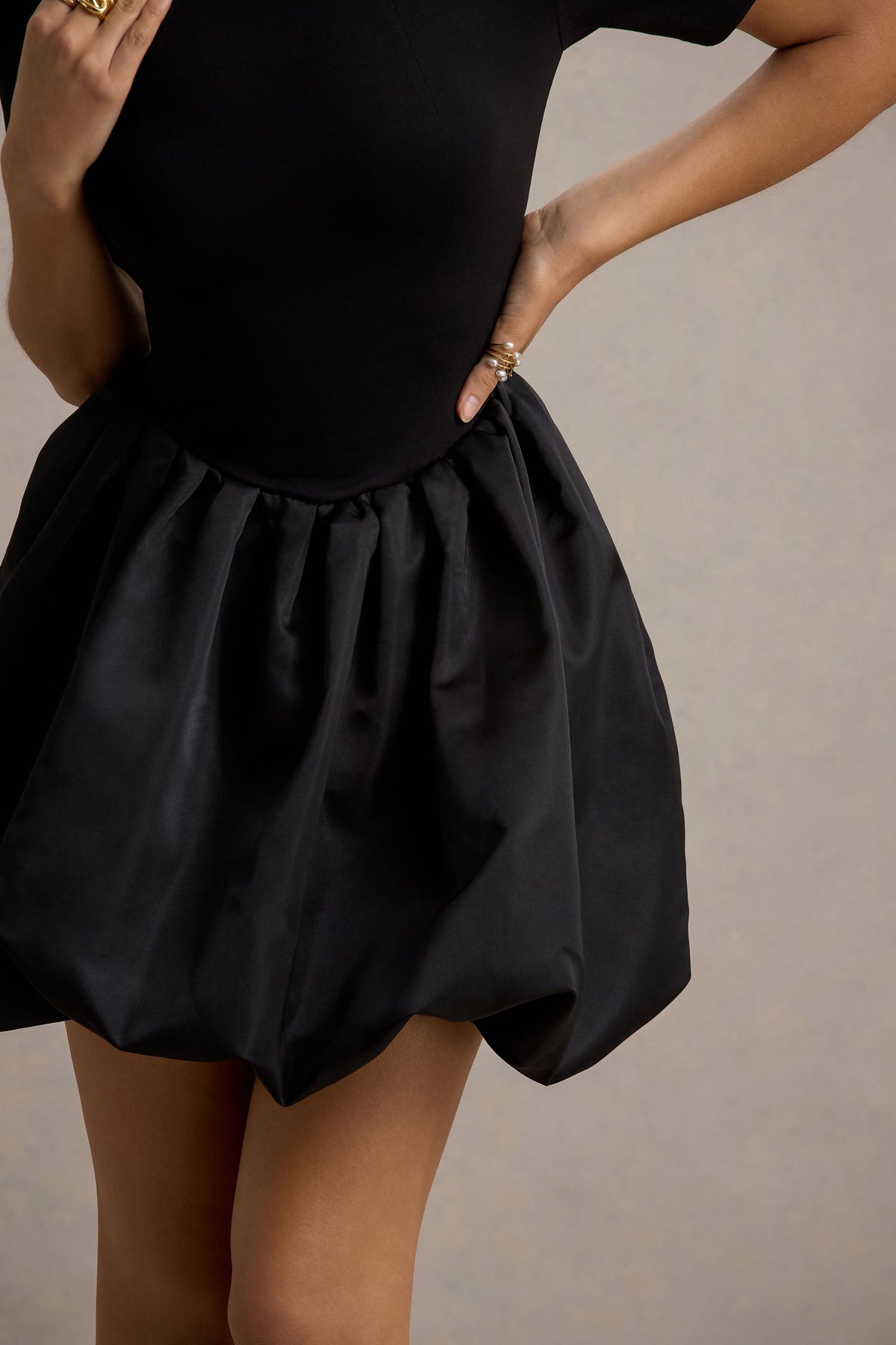 Blake | Black Short-Sleeve Mini Dress With Satin Puffball Skirt