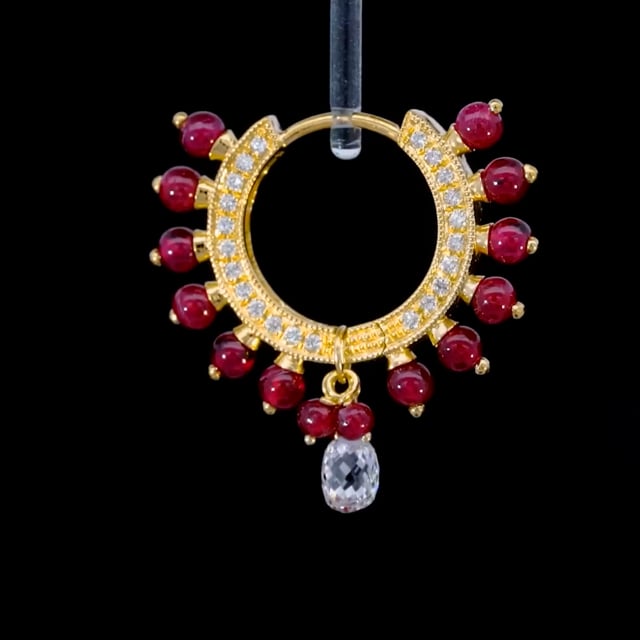 Pavé Diamond Ruby Coronet with Diamond Briolette Hoop Earring