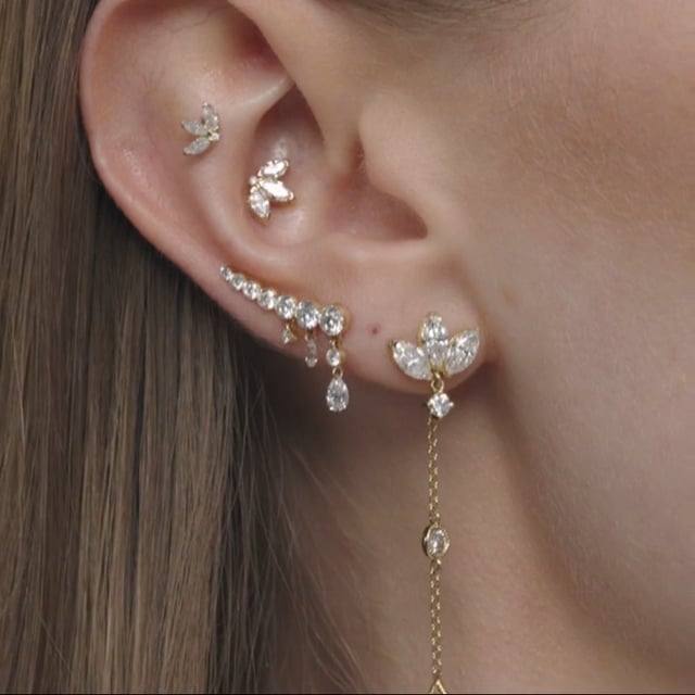 Diamond Engraved Lotus with Dangle Threaded Stud Earring