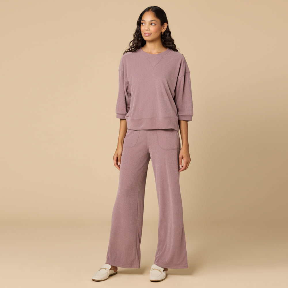 Terry Cropped Sleeve Crew Neck with Wide Leg Pant