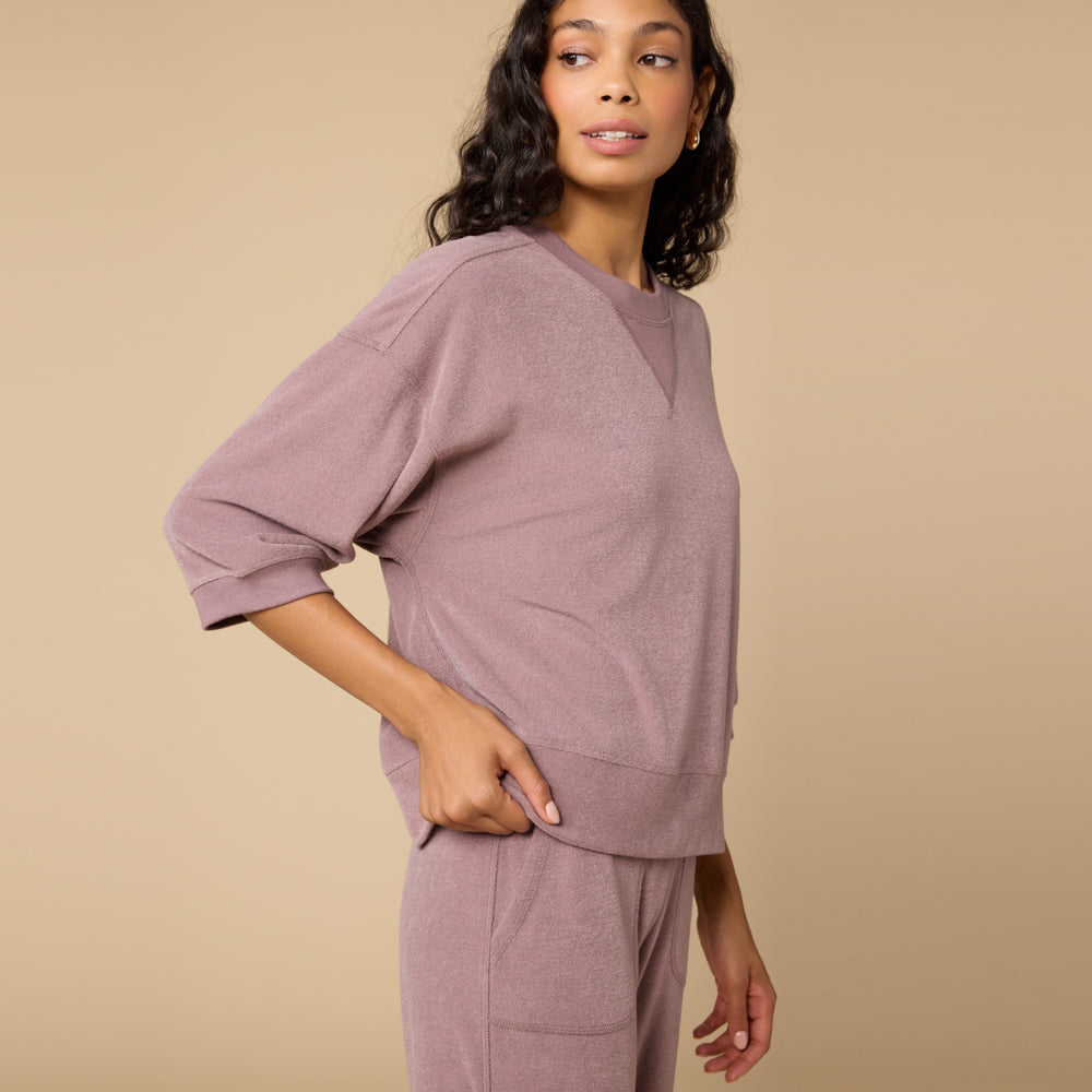 Terry Cropped Sleeve Crew Neck with Wide Leg Pant