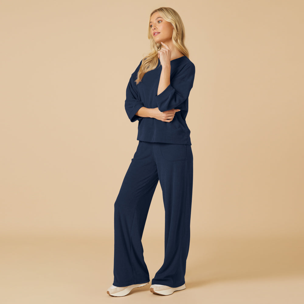 Terry Cropped Sleeve Crew Neck with Wide Leg Pant