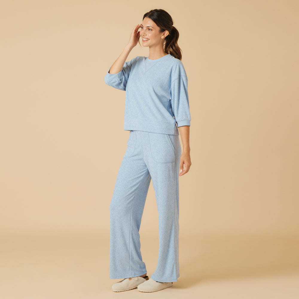 Terry Cropped Sleeve Crew Neck with Wide Leg Pant