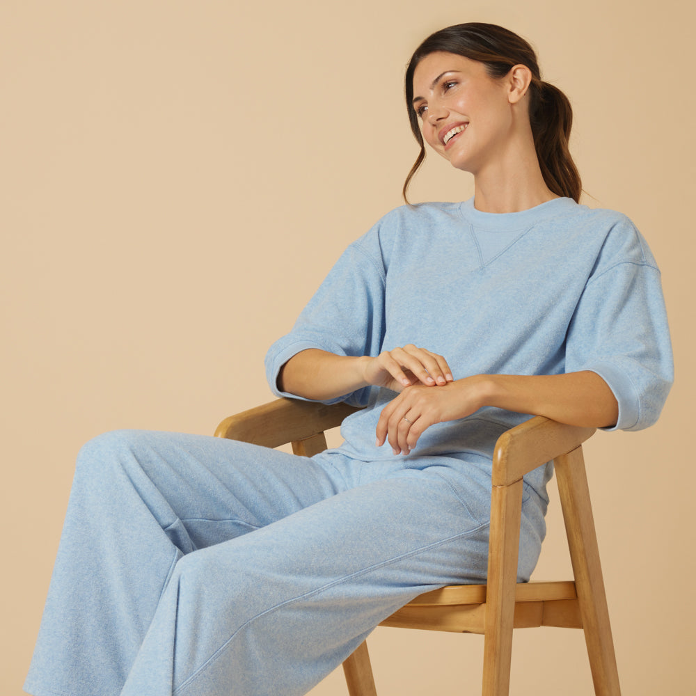 Terry Cropped Sleeve Crew Neck with Wide Leg Pant