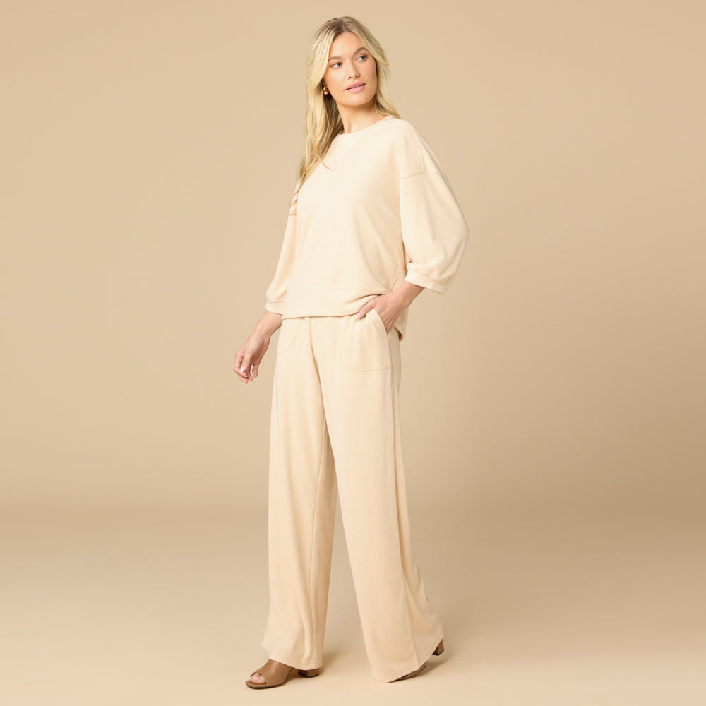 Terry Cropped Sleeve Crew Neck with Wide Leg Pant