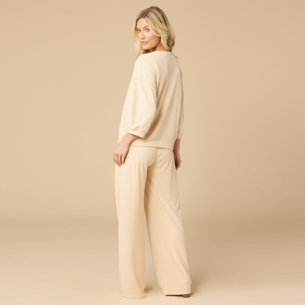 Terry Cropped Sleeve Crew Neck with Wide Leg Pant