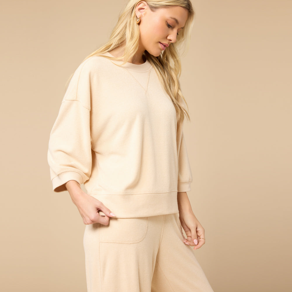 Terry Cropped Sleeve Crew Neck with Wide Leg Pant