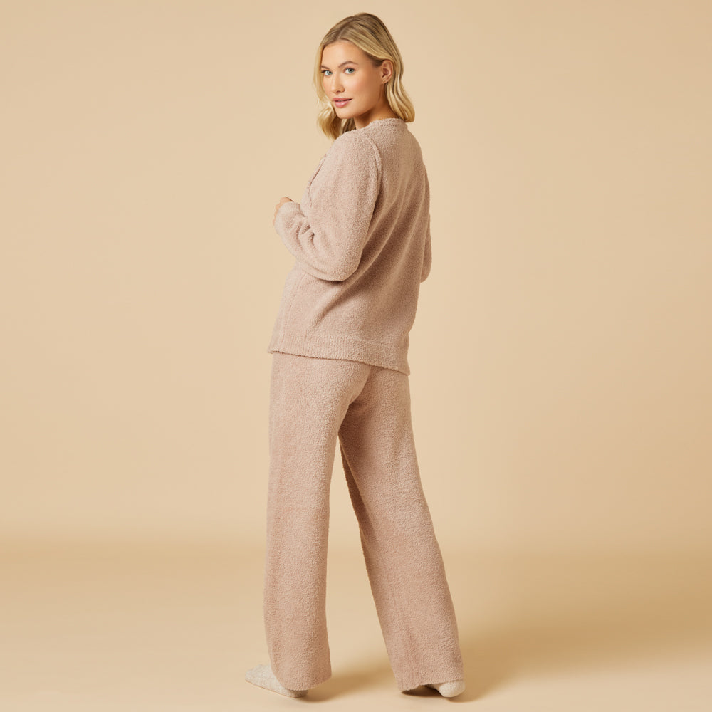 Solid Marshmallow Reverse Seam Crew Neck Lounge Set with Bracelet Sleeve