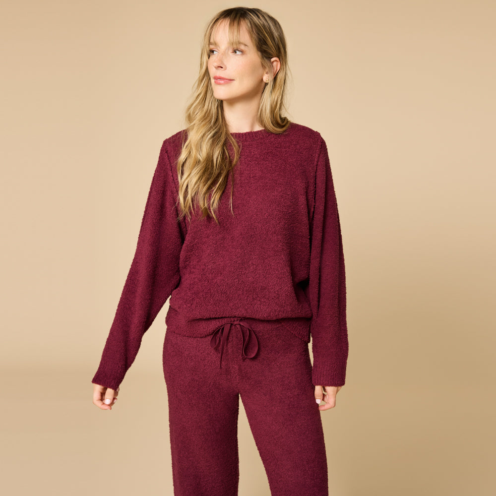 Solid Marshmallow Reverse Seam Crew Neck Lounge Set with Bracelet Sleeve