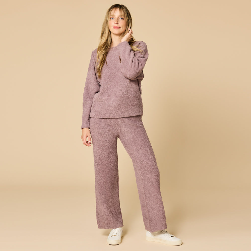 Solid Marshmallow Reverse Seam Crew Neck Lounge Set with Bracelet Sleeve