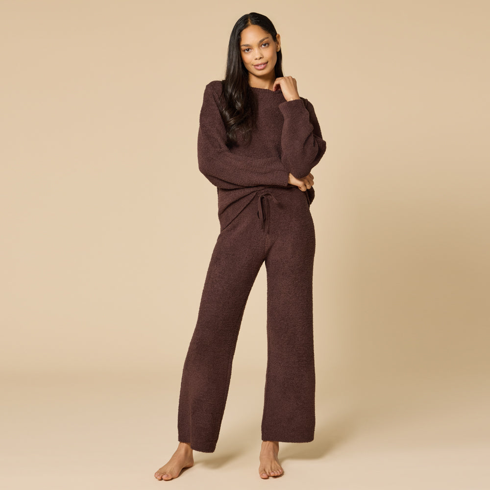 Solid Marshmallow Reverse Seam Crew Neck Lounge Set with Bracelet Sleeve