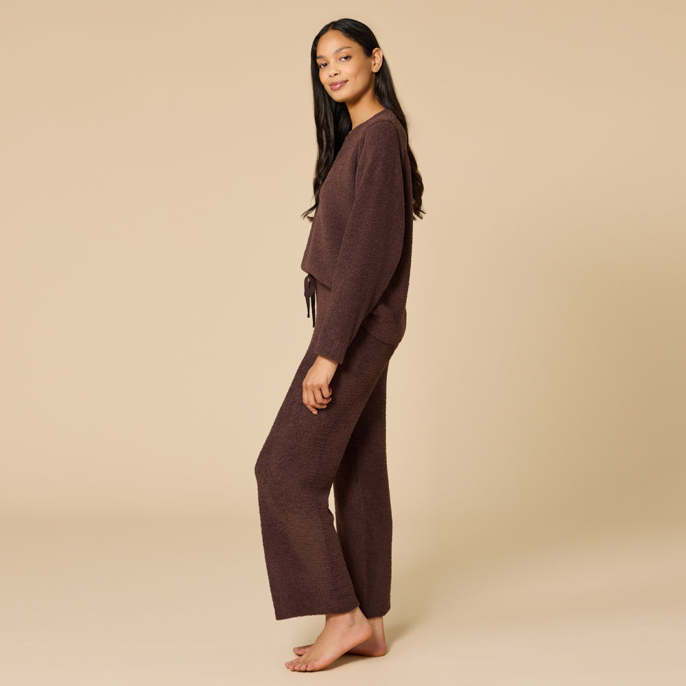 Solid Marshmallow Reverse Seam Crew Neck Lounge Set with Bracelet Sleeve