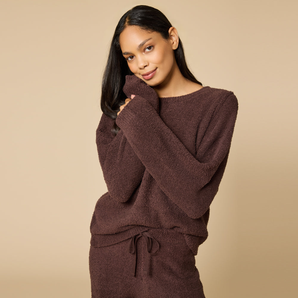 Solid Marshmallow Reverse Seam Crew Neck Lounge Set with Bracelet Sleeve