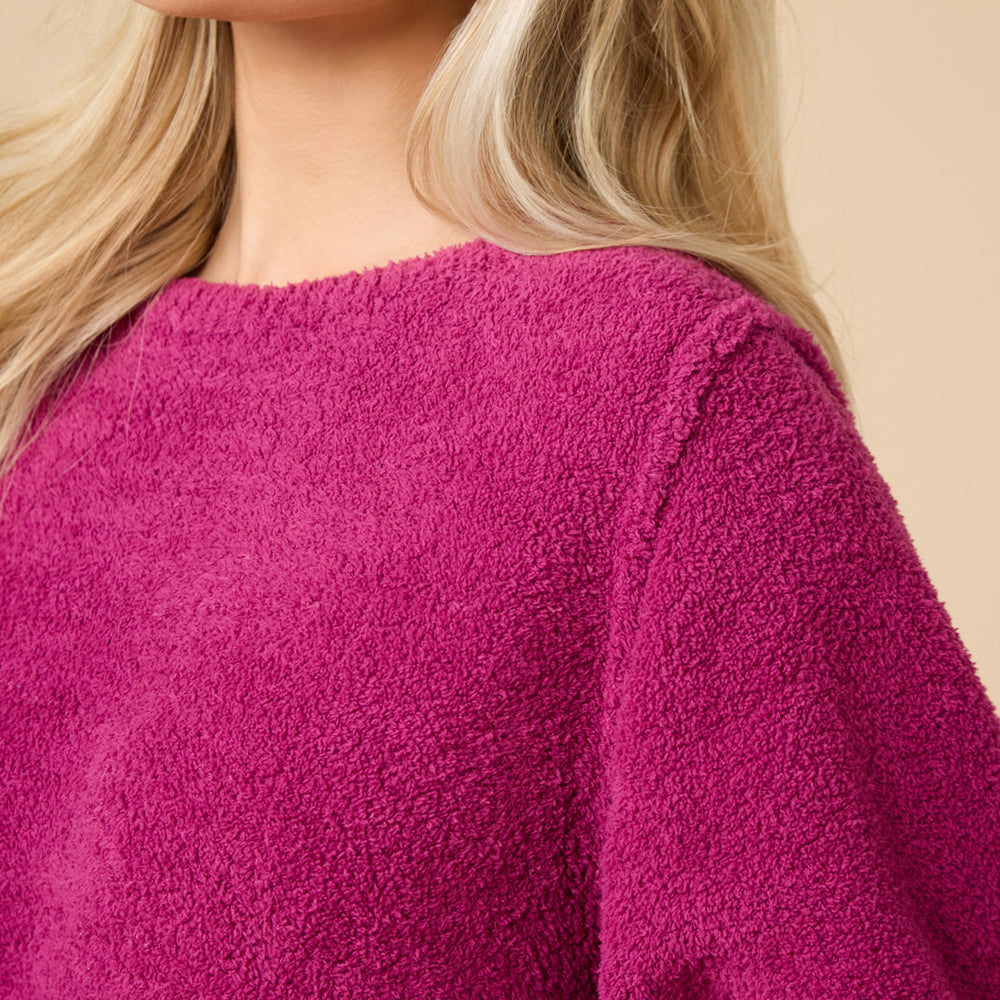 Solid Marshmallow Reverse Seam Crew Neck Lounge Set with Bracelet Sleeve