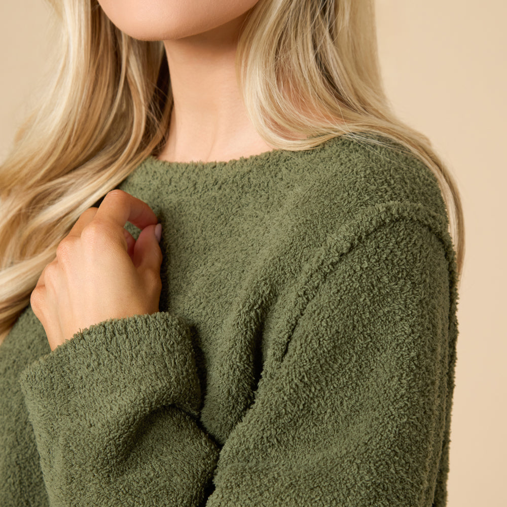 Solid Marshmallow Reverse Seam Crew Neck Lounge Set with Bracelet Sleeve