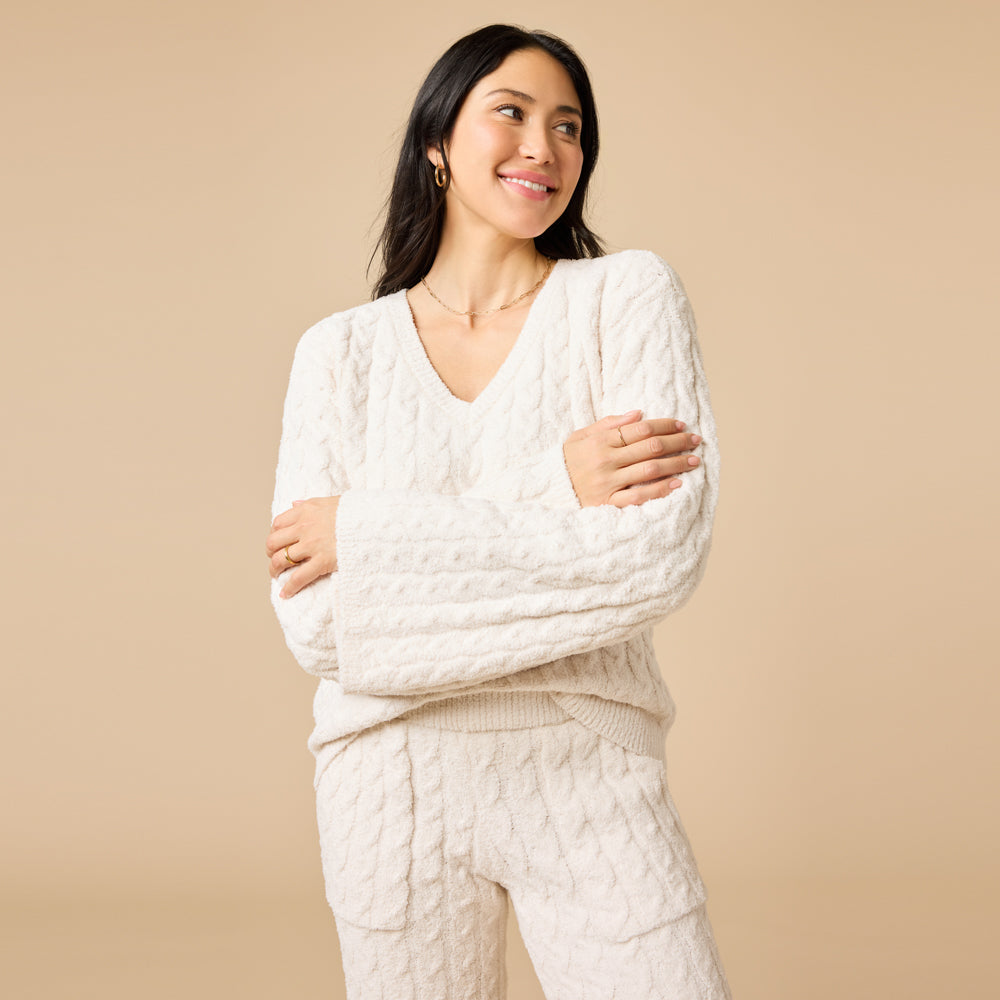 Cable Knit Marshmallow V-Neck with Flared Sleeve and Pant