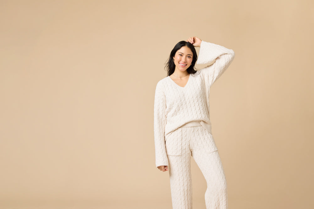 Cable Knit Marshmallow V-Neck with Flared Sleeve and Pant
