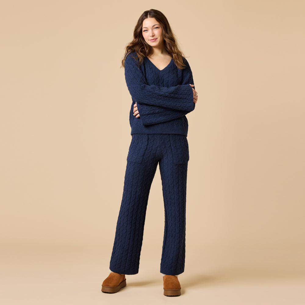 Cable Knit Marshmallow V-Neck with Flared Sleeve and Pant