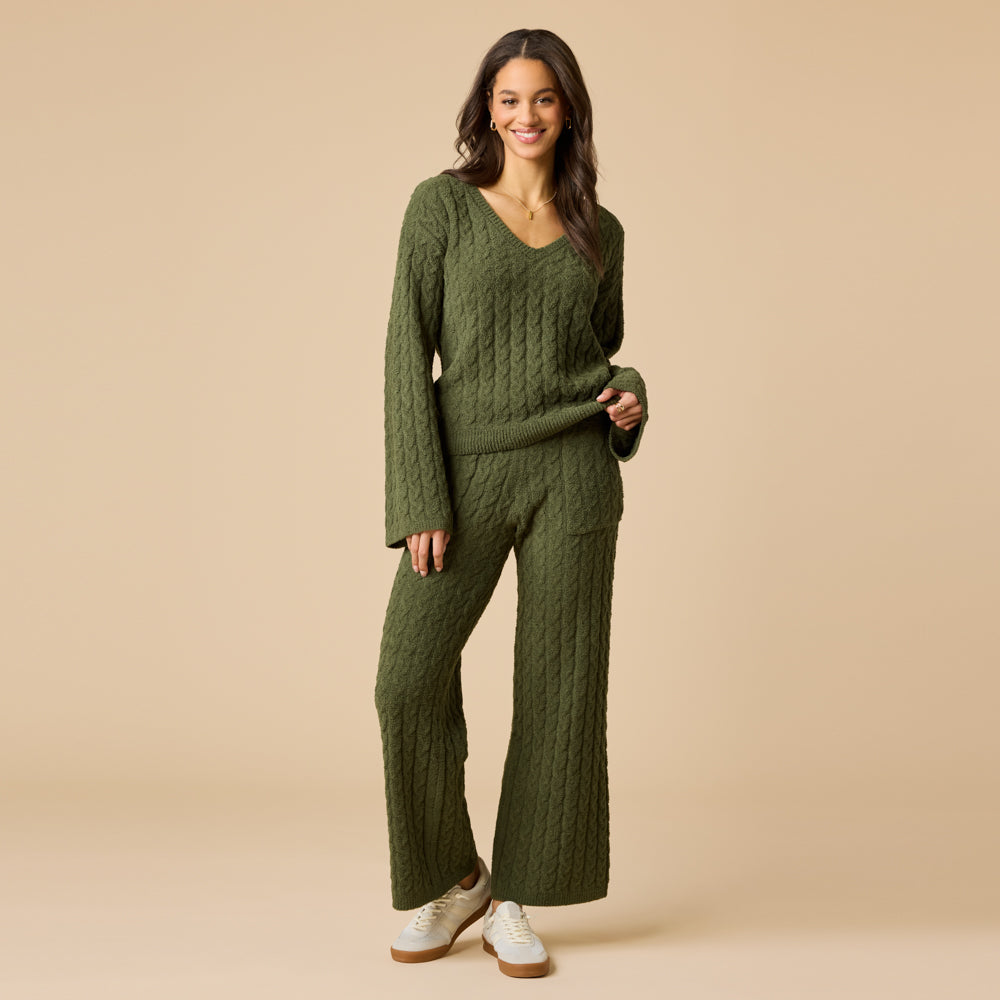 Cable Knit Marshmallow V-Neck with Flared Sleeve and Pant