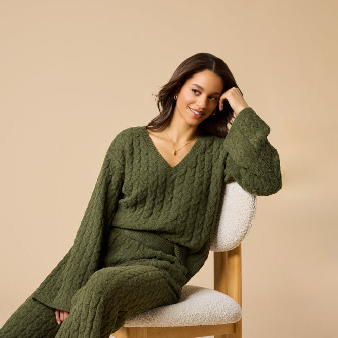 Cable Knit Marshmallow V-Neck with Flared Sleeve and Pant