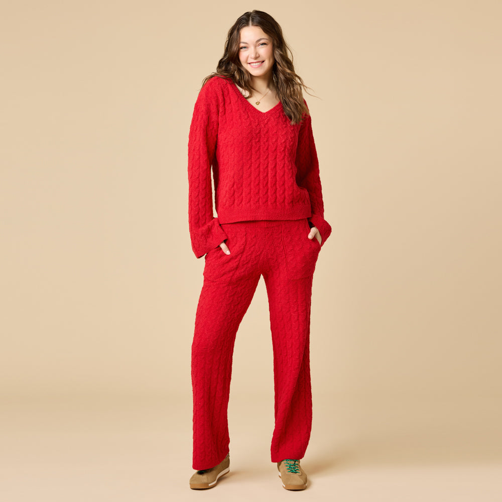 Cable Knit Marshmallow V-Neck with Flared Sleeve and Pant