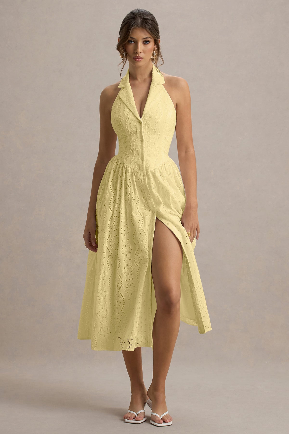 Jezebel | Yellow Lace Plunge-Neck Collared Midi Dress