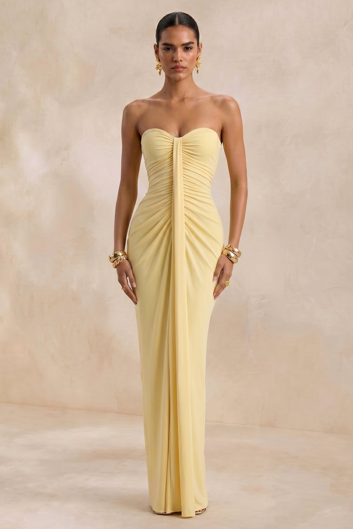 Ali | Lemon Jersey Sweetheart Maxi Dress With Gathered Detailing And Sash