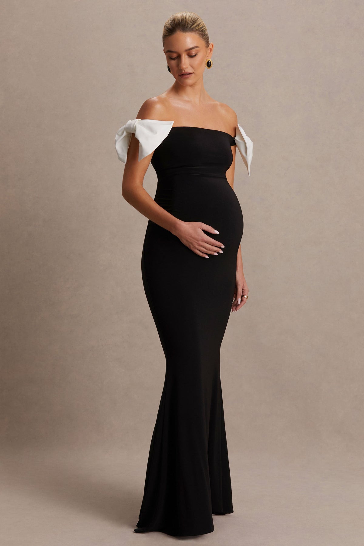 Didi | Monochrome Jersey Bardot Short Sleeve Maternity Maxi Dress With Bow Detailing