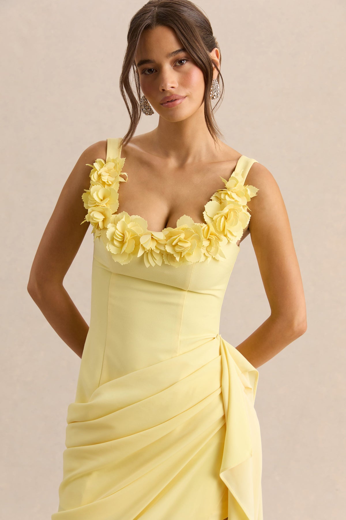 Letitia | Lemon Square-Neck Floral Detailed Wrap Midi Dress