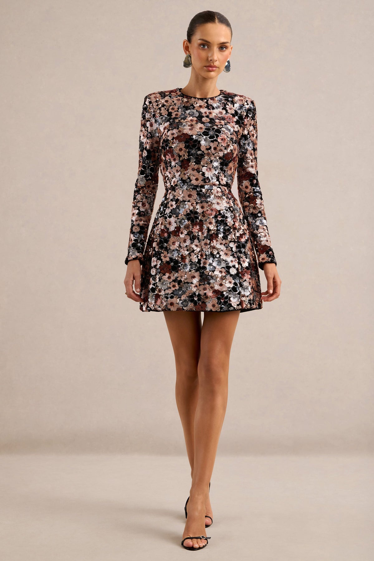 Adaline | Black Velvet & Embellished Sequin Floral Long-Sleeved Mini Dress