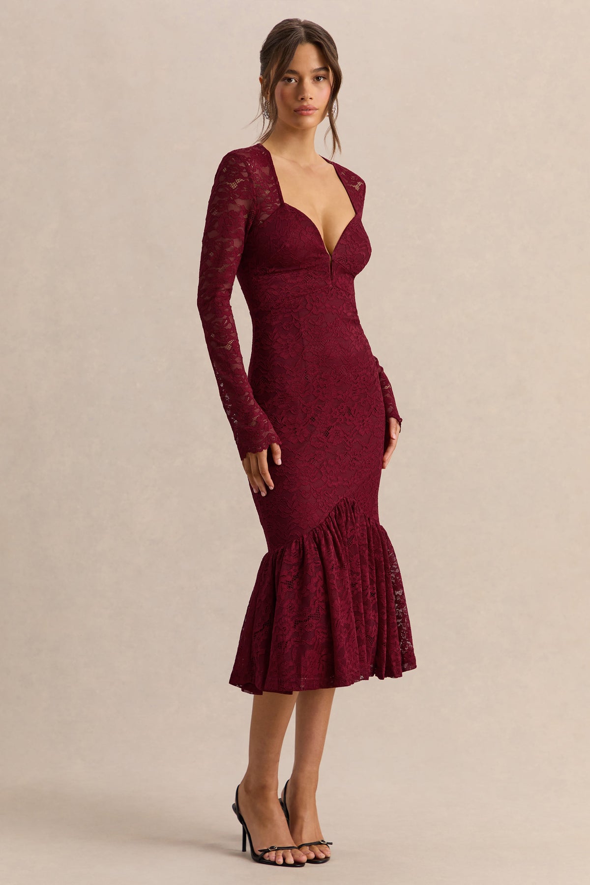 Camilly | Burgundy Lace Plunge-Neck Mermaid Midi Dress
