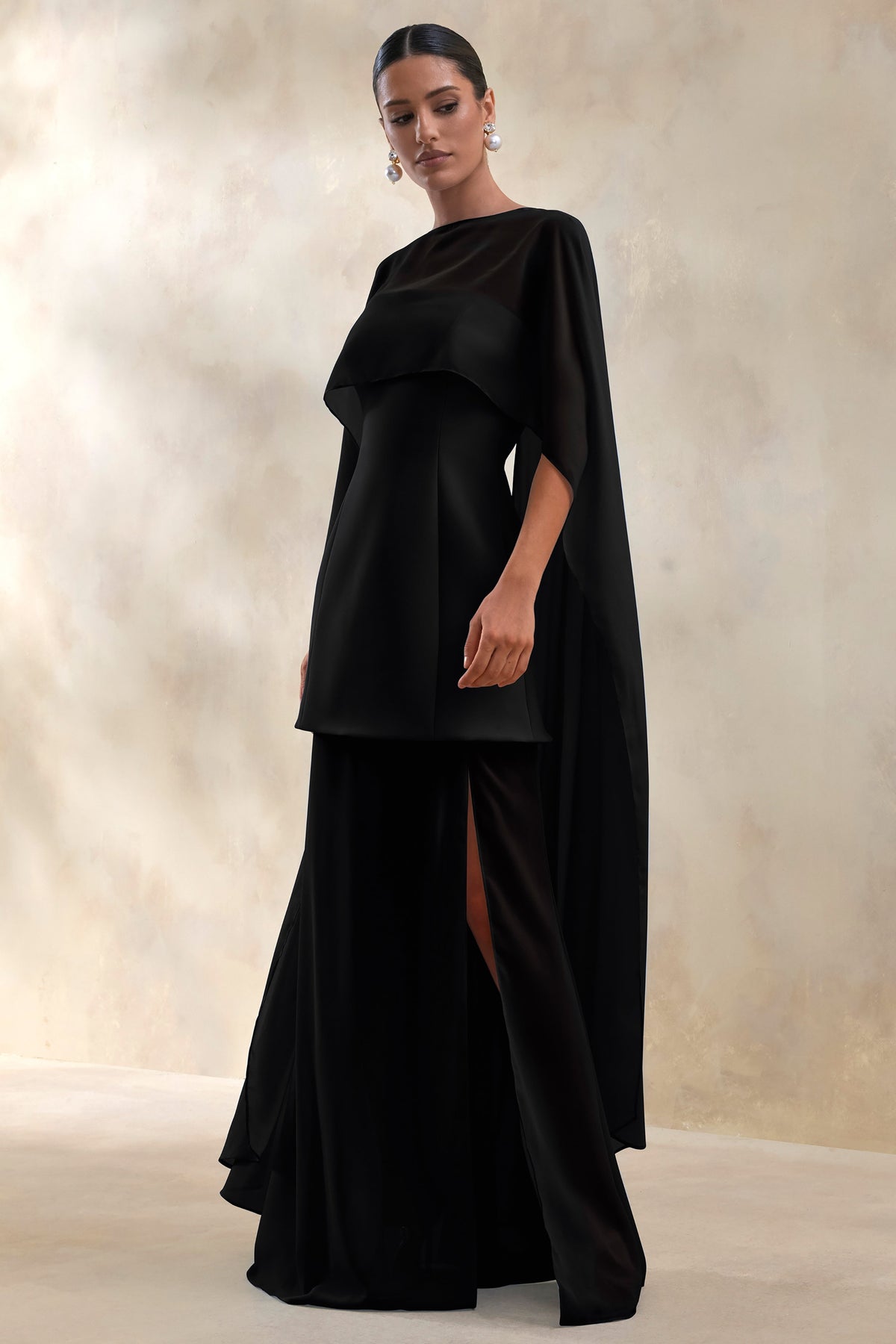 Chessa | Black Scuba Boat Neck Short Sleeve Maxi Dress With Sheer Skirt And Corset