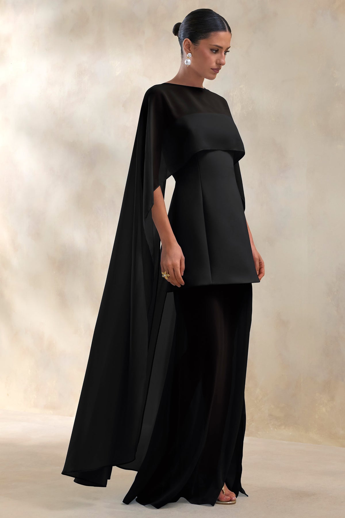 Chessa | Black Scuba Boat Neck Short Sleeve Maxi Dress With Sheer Skirt And Corset