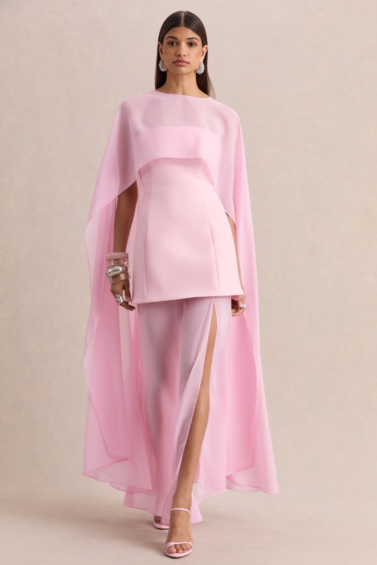 Chessa | Light Pink Scuba Boat Neck Short Sleeve Maxi Dress With Sheer Skirt And Corset