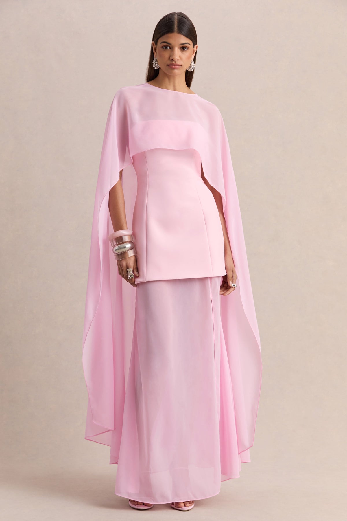 Chessa | Light Pink Scuba Boat Neck Short Sleeve Maxi Dress With Sheer Skirt And Corset