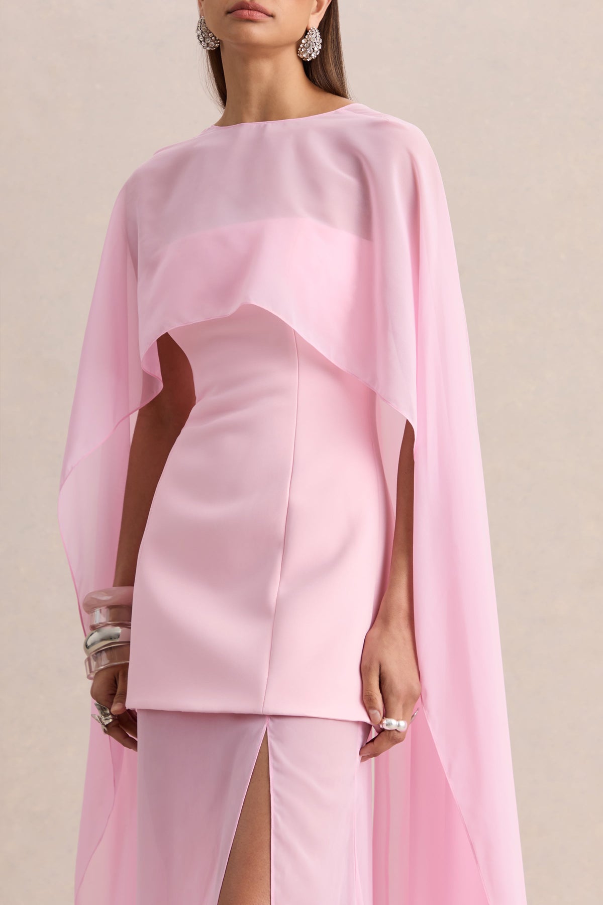 Chessa | Light Pink Scuba Boat Neck Short Sleeve Maxi Dress With Sheer Skirt And Corset