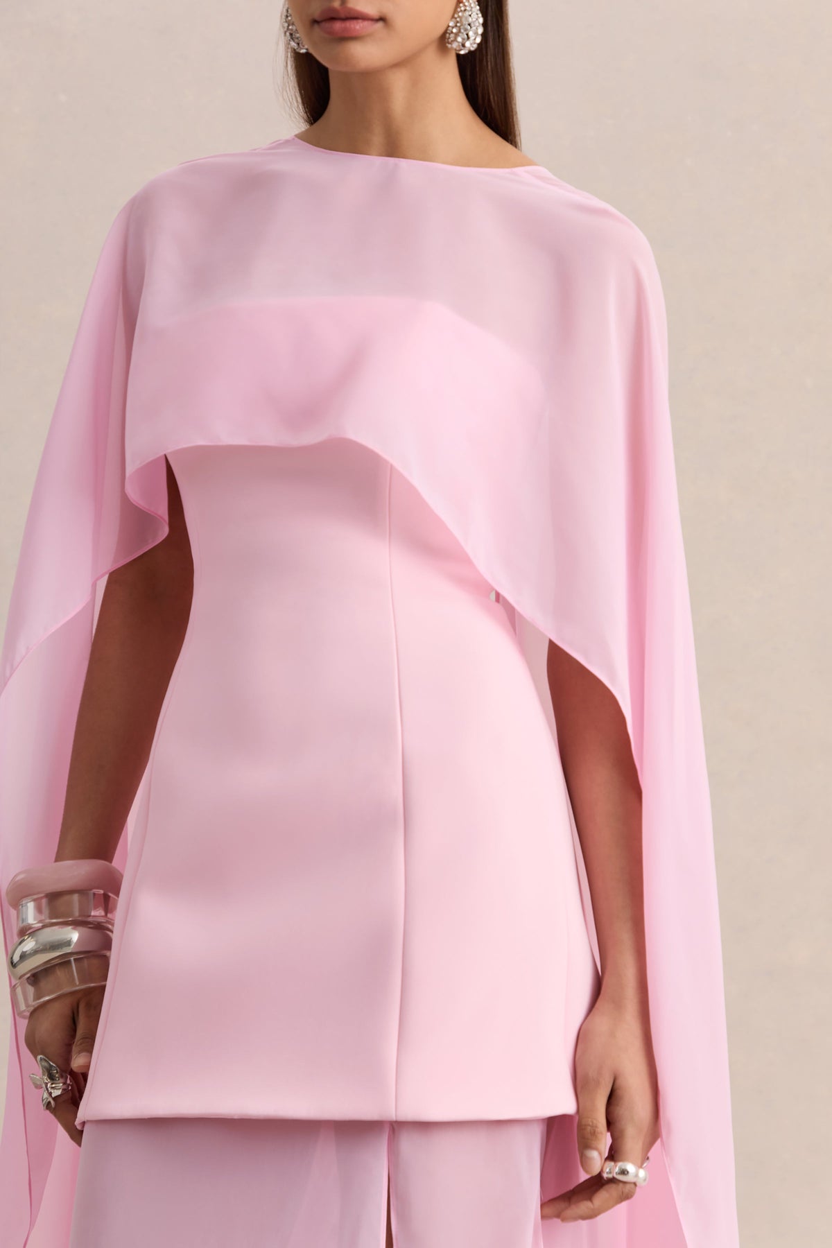 Chessa | Light Pink Scuba Boat Neck Short Sleeve Maxi Dress With Sheer Skirt And Corset
