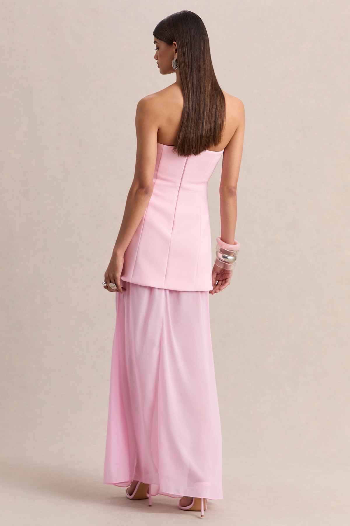 Chessa | Light Pink Scuba Boat Neck Short Sleeve Maxi Dress With Sheer Skirt And Corset