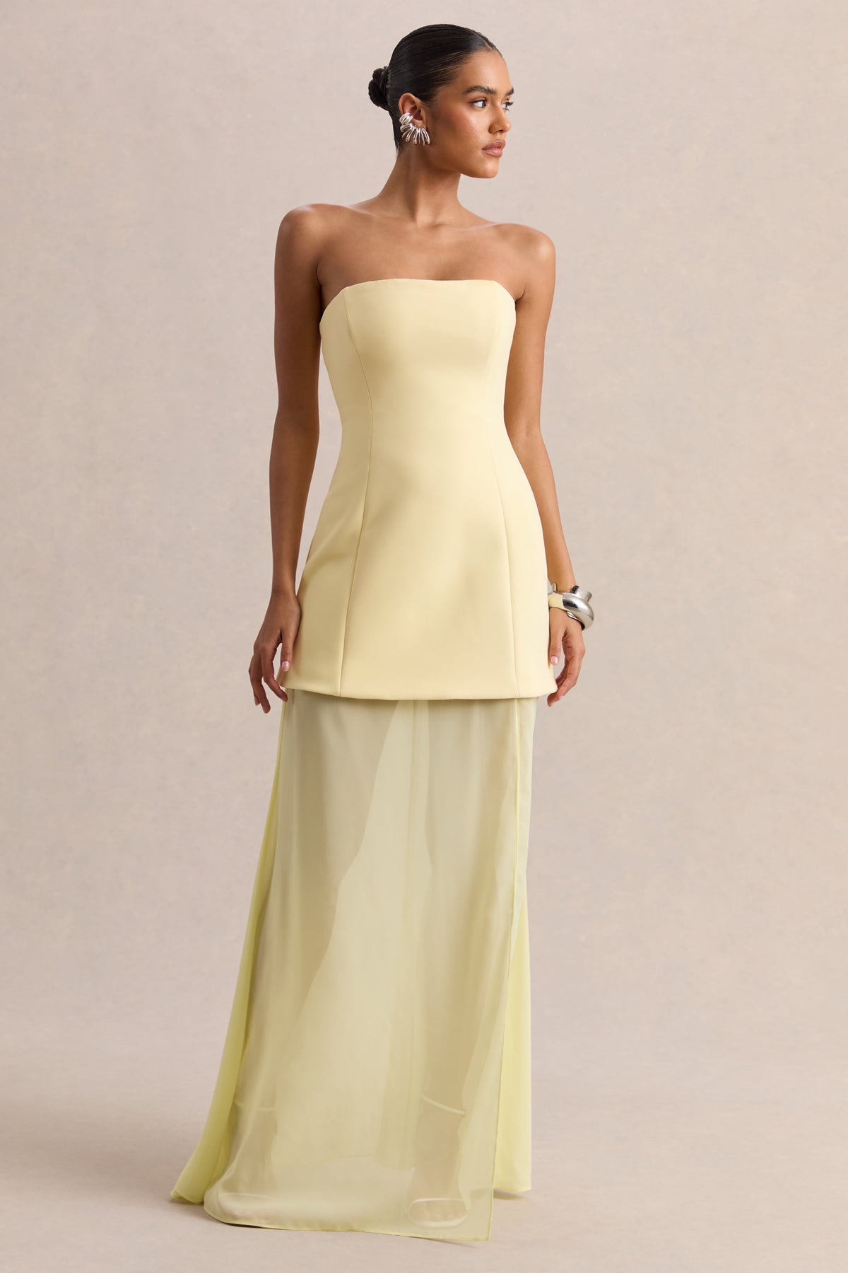 Chessa | Lemon Scuba Boat Neck Short Sleeve Maxi Dress With Sheer Skirt And Corset