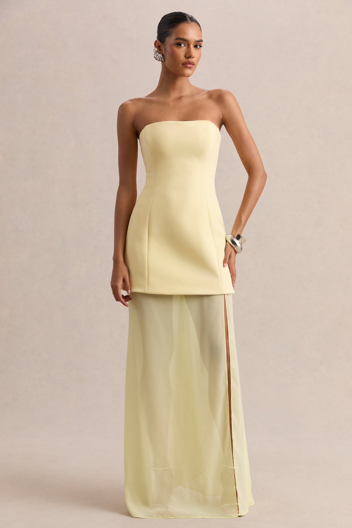 Chessa | Lemon Scuba Boat Neck Short Sleeve Maxi Dress With Sheer Skirt And Corset