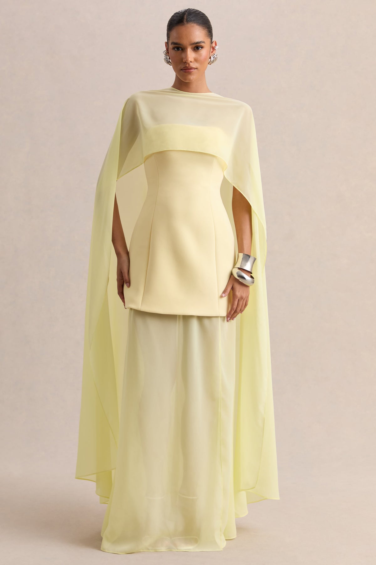 Chessa | Lemon Scuba Boat Neck Short Sleeve Maxi Dress With Sheer Skirt And Corset