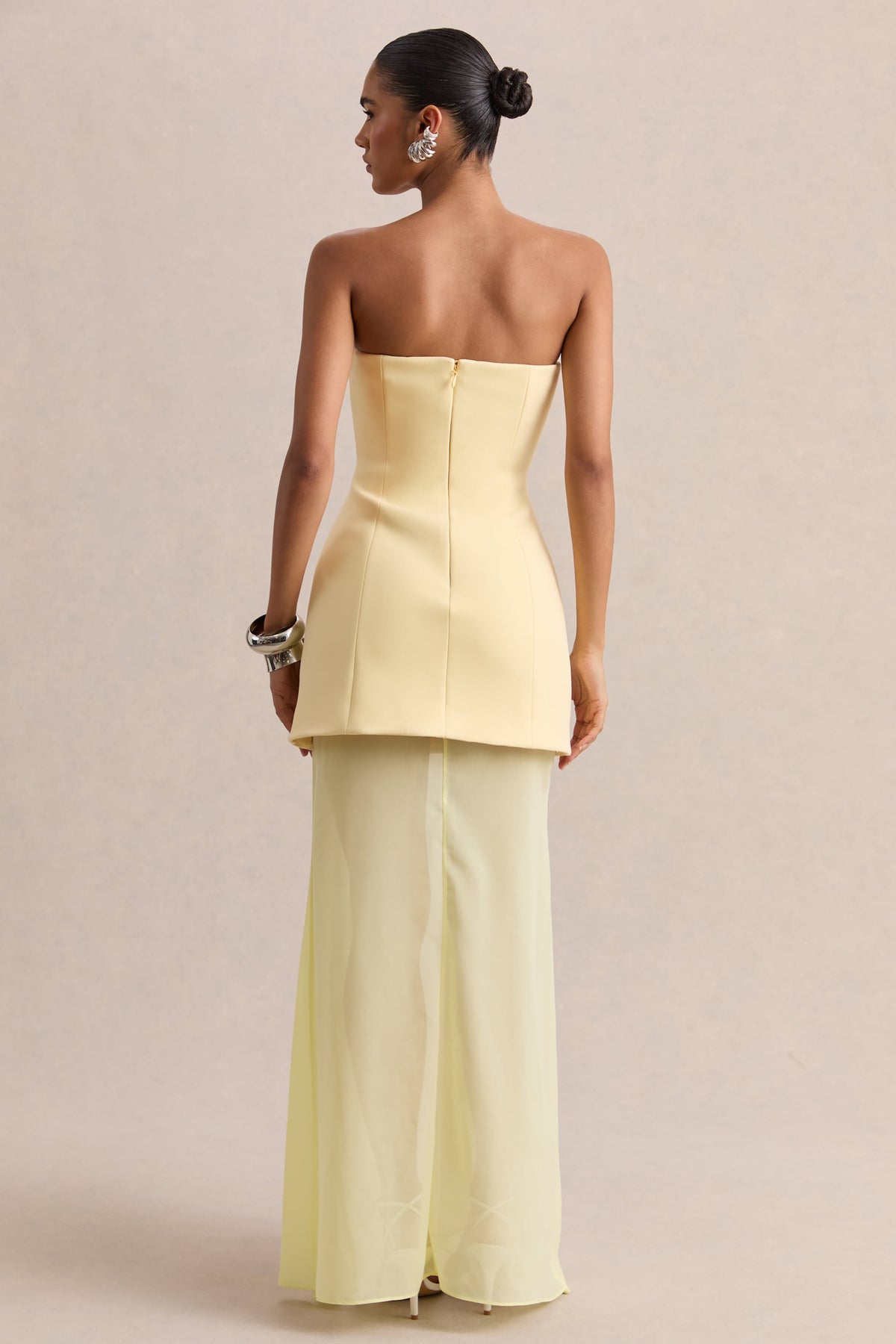 Chessa | Lemon Scuba Boat Neck Short Sleeve Maxi Dress With Sheer Skirt And Corset