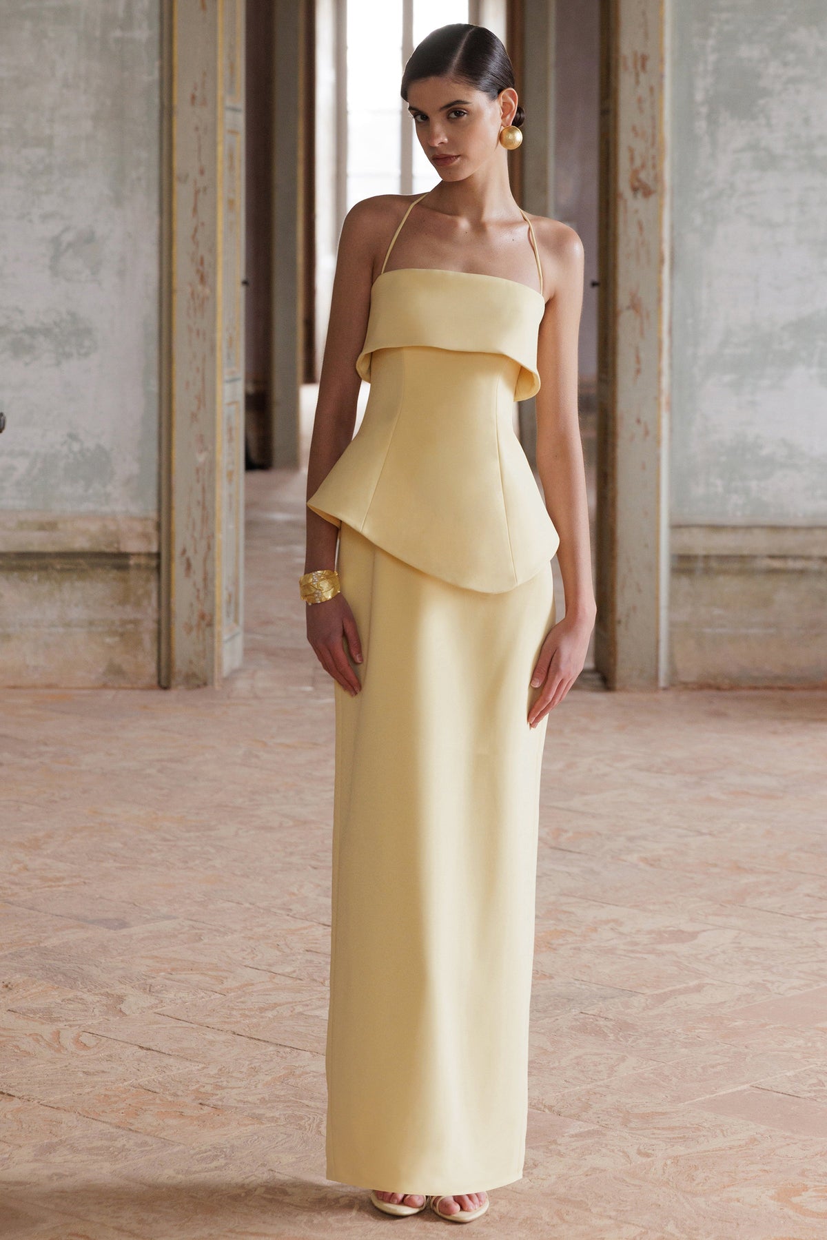 Fran | Lemon Scuba Square Neck Maxi Dress With Corset And Back Split