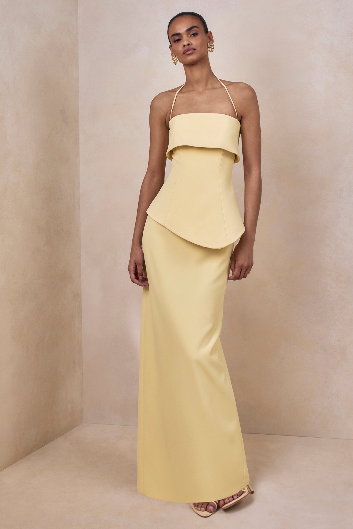 Fran | Lemon Scuba Square Neck Maxi Dress With Corset And Back Split